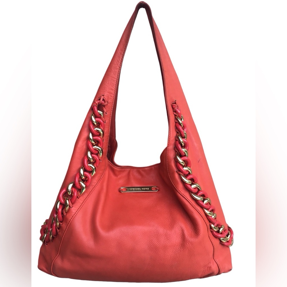 Michael Kors Orange Pebbled Leather Chain Link Hobo Bag